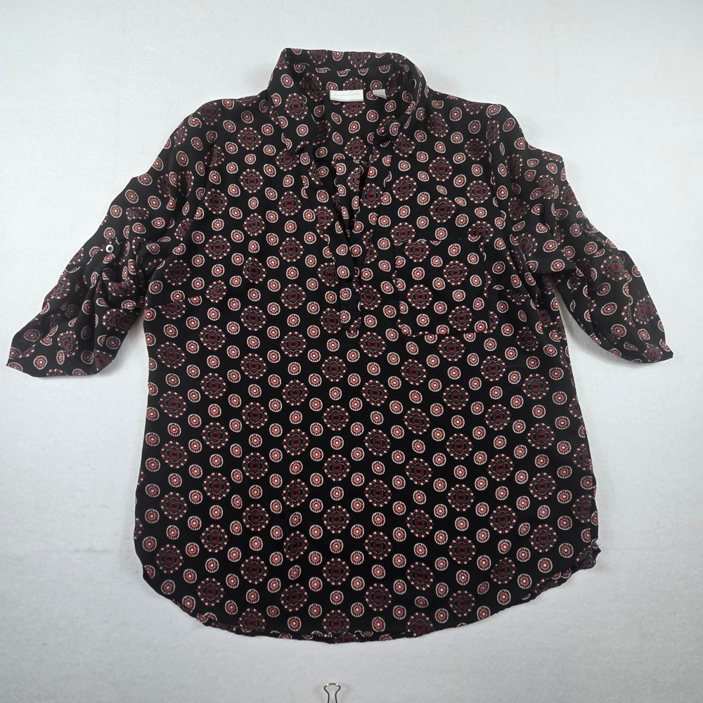 New York & Company Blouse Womens Large Black Medallion Roll Tab Sleeve (T2)